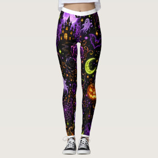 Neon Halloween Black Cat and Ghost Leggings