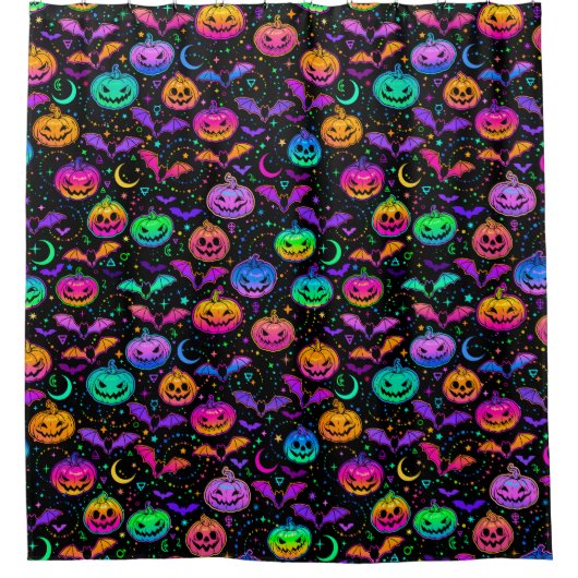 Neon Halloween Jack=O=Lanterns Fledermäuse und Ste Duschvorhang (Vorderseite)