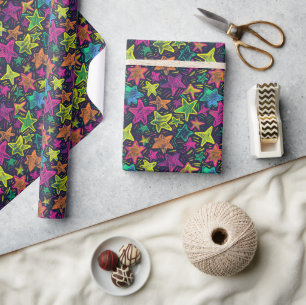 Neon Hand Gezeichnet Star Pattern auf Mitternachts Geschenkpapier