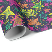 Neon Hand Gezeichnet Star Pattern auf Mitternachts Geschenkpapier (Rolleneckpunkt)