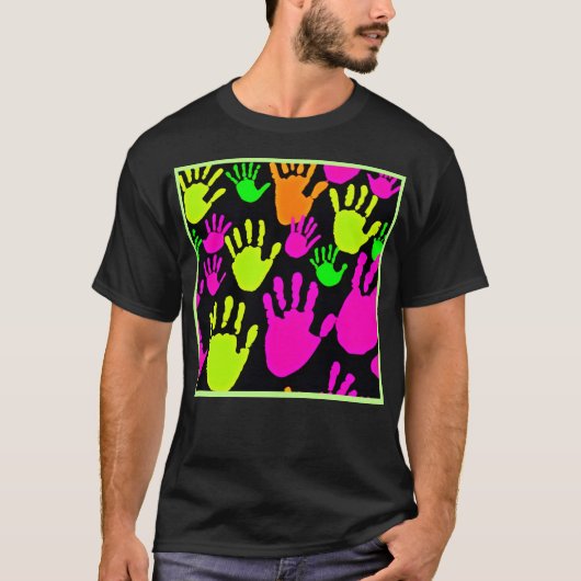 Neon Handprint Graffiti Muster T-Shirt (Vorderseite)