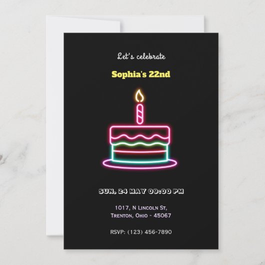 Neon Happy Birthday Cake Design mit Kerze Einladung (Vorderseite)