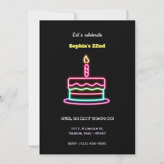 Neon Happy Birthday Cake Design mit Kerze Einladung