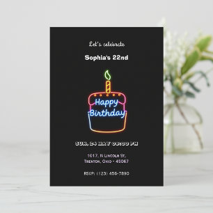 Neon Happy Birthday Cake Design - Spaß und Lebensf Einladung
