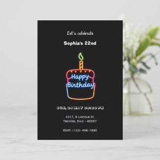 Neon Happy Birthday Cake Design - Spaß und Lebensf Einladung
