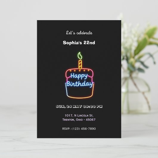 Neon Happy Birthday Cake Design - Spaß und Lebensf Einladung
