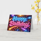 Neon Happy Birthday Fireworks and Stars Karte (Gelbe Blume)