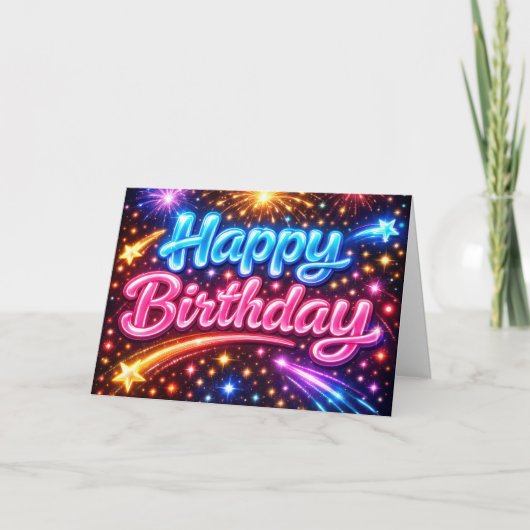 Neon Happy Birthday Fireworks and Stars Karte (Vorderseite)