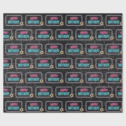 Neon Happy Birthday Marquee on Brick Geschenkpapier (Flach)