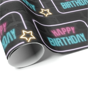 Neon Happy Birthday Marquee on Brick Geschenkpapier