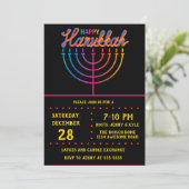 Neon Happy Hanukkah Menorah Einladung (Stehend Vorderseite)