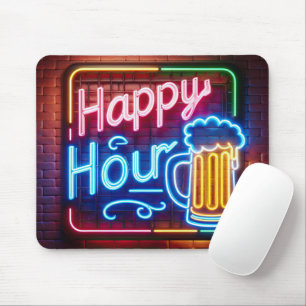 Neon Happy Hour Sign On Brick Mousepad