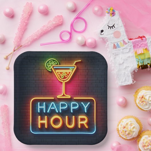 Neon Happy Hour Sign Pappteller (Party)