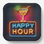 Neon Happy Hour Sign Pappteller (Vorderseite)