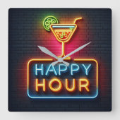 Neon Happy Hour Sign Quadratische Wanduhr (Vorderseite)