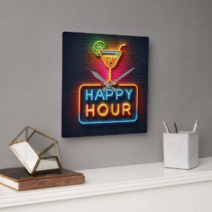 Neon Happy Hour Sign Quadratische Wanduhr