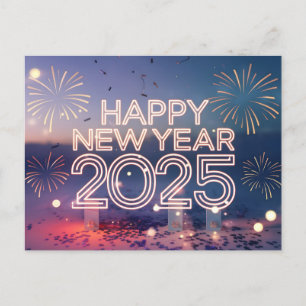 Neon Happy New Year 2025 Fireworks Feiertagspostkarte