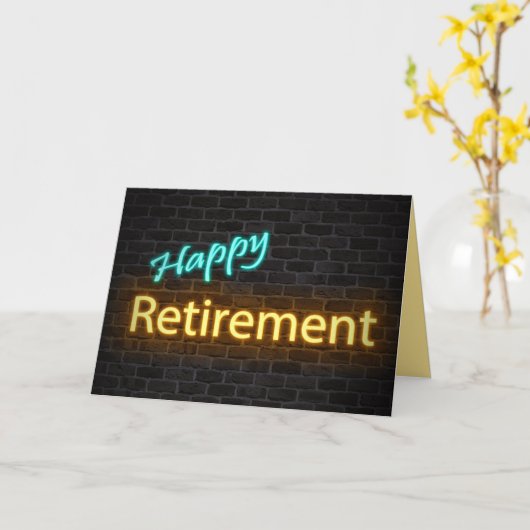 neon happy retirement sign on brick karte (Gelbe Blume)