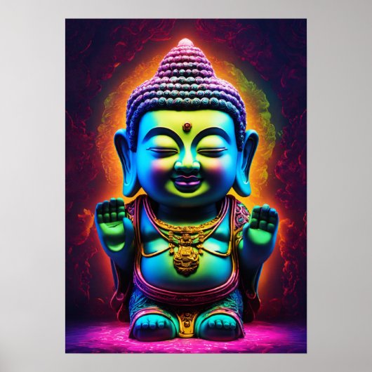 "Neon Harmony: Adorable 3D Buddha aus Glas Poster (Vorne)