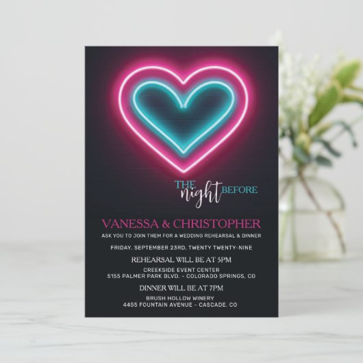 Neon Hearts Night Before Wedding Probe Einladung (Stehend Vorderseite)