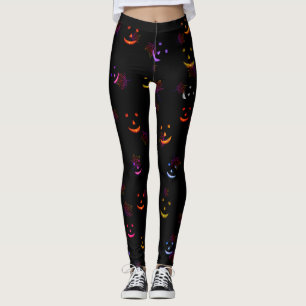 Neon-Herbstlaub Gruselige Smileys Halloween-Muster Leggings