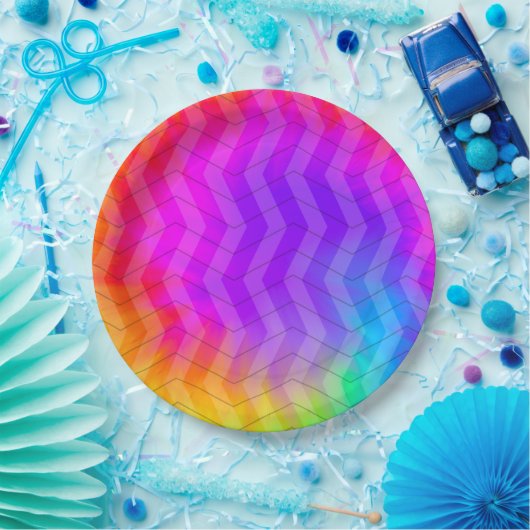 Neon Herringbone Trippy Hippie Rainbow Pappteller (Party)