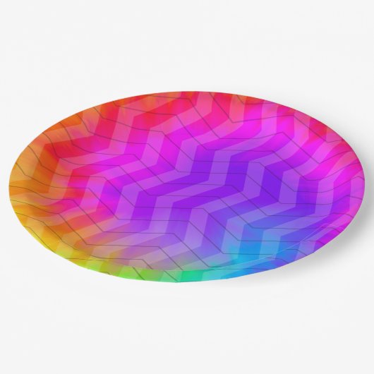 Neon Herringbone Trippy Hippie Rainbow Pappteller (Schrägansicht)