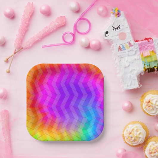 Neon Herringbone Trippy Hippie Rainbow Pappteller (Party)