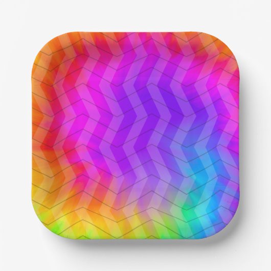 Neon Herringbone Trippy Hippie Rainbow Pappteller (Vorderseite)