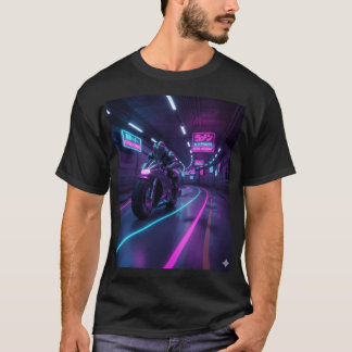 Neon Highway Rider | Cyberpunk Motorrad Kunst T-Shirt
