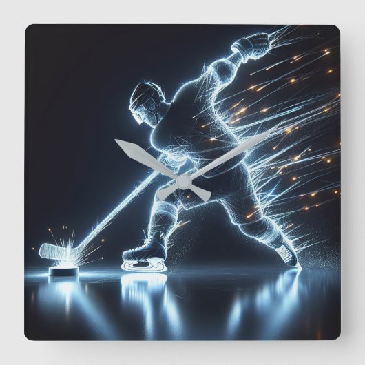 Neon Hockey Player auf Eis Quadratische Wanduhr (Vorderseite)