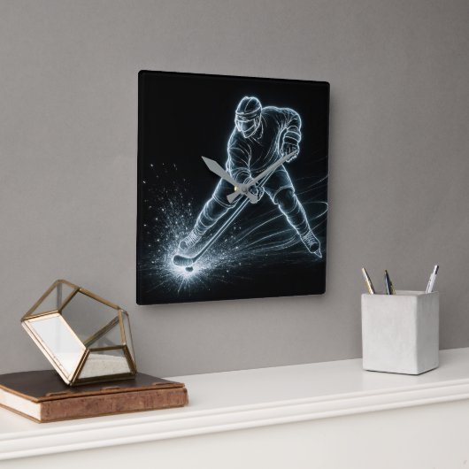 Neon Hockey Player On Ice Quadratische Wanduhr (Büro)