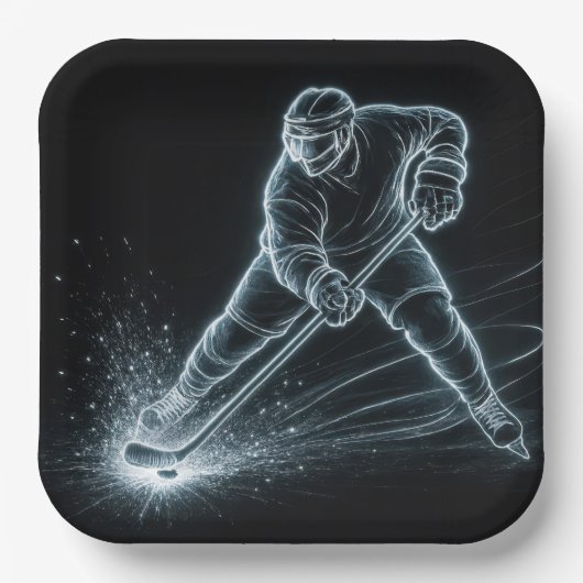Neon-Hockeyspieler auf Eis Pappteller (Vorderseite)