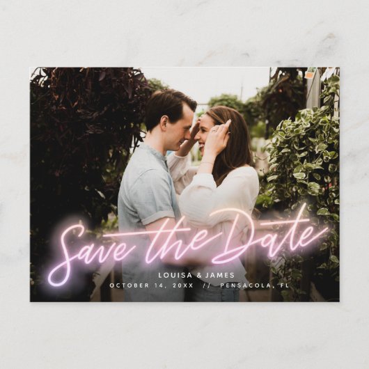 Neon Horizontal Foto Save the Date Postkarte (Vorderseite)