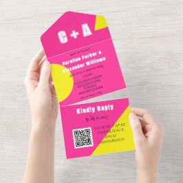 Neon Hot Pink Yellow Retro Modernes, feines Elegan All In One Einladung