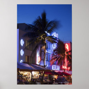Neon Hotel in der Nacht, Ocean Drive, South Miami  Poster