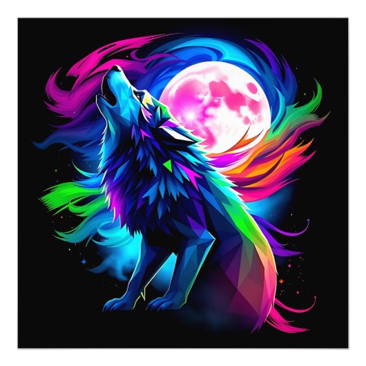 Neon Howling Wolf with Full Moon – Psychedelic Rai Fotodruck (Vorne)