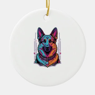 Neon-Hunde-Porträt Vintage-Stich Grafik_1 Keramik Ornament