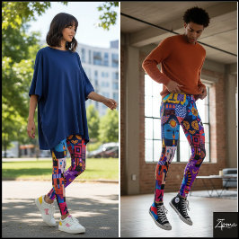 Neon Hyper Saturated Folk Art Quilt Leggings