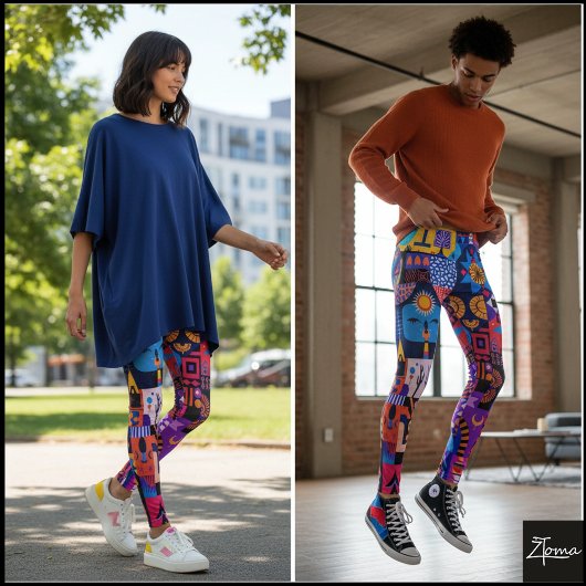 Neon Hyper Saturated Folk Art Quilt Leggings