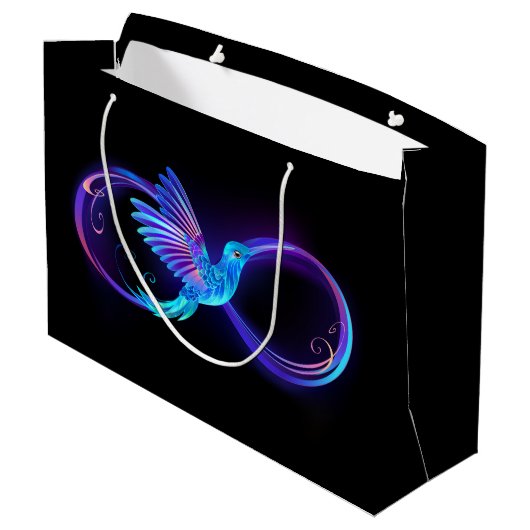 Neon Infinity Symbol mit dem leuchtenden Hummingbi Große Geschenktüte (Rückseite Schrägansicht)
