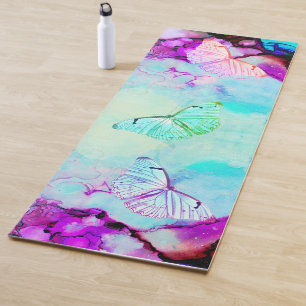 Neon Ink Turquoise Magenta Pastel Butterflies Yogamatte