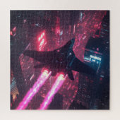 Neon Jet Over Cyberpunk City - Sci-Fi Puzzle (Vertikal)