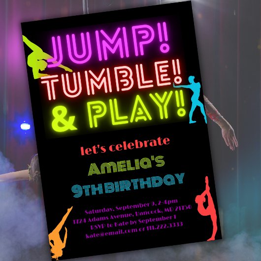 Neon Jump Trumble spielen Geburtstagsgymnastik Einladung