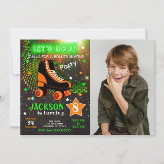 Neon-Jungen-Rollschuhfahren Foto-Geburtstag Einladung
