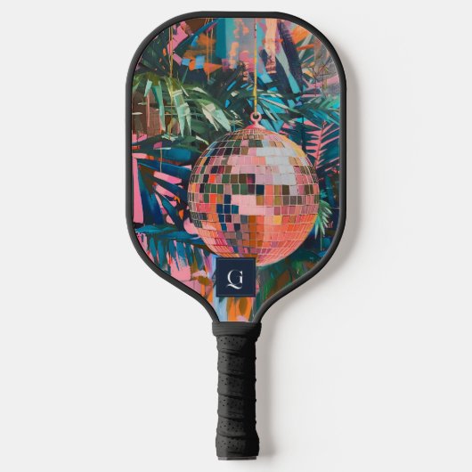 Neon Jungle Disco Ball | Funky Retro Monogram Pickleball Schläger (Vorderseite)