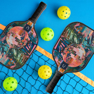 Neon Jungle Disco Ball Funky Retro Monogram Pickleball Schläger