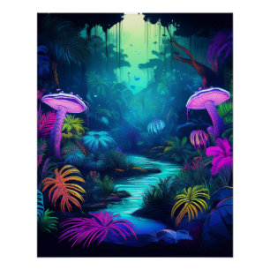 Neon Jungle mit glühenden Pilzen und Pflanze Poster