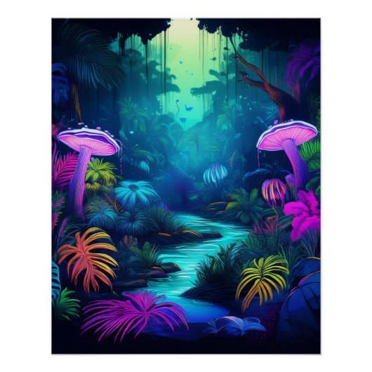 Neon Jungle mit glühenden Pilzen und Pflanze Poster (Vorderseite)