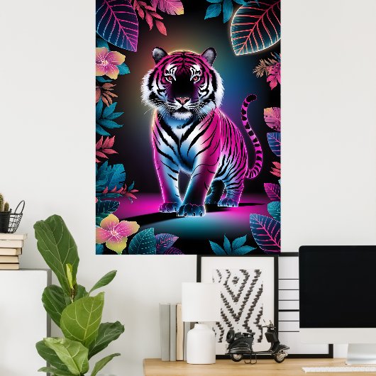 Neon Jungle Tiger - Lebhafter Cyberpunk Naturerleb Poster (Heimbüro)